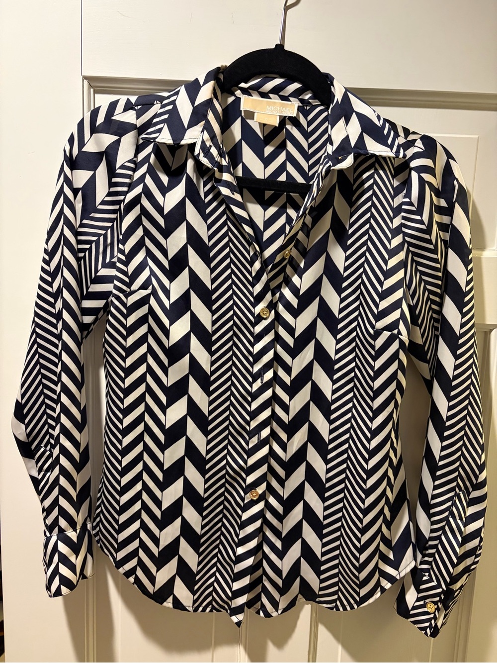 Michael Kors Navy & White Chevron Button-Down Shirt, Size SP